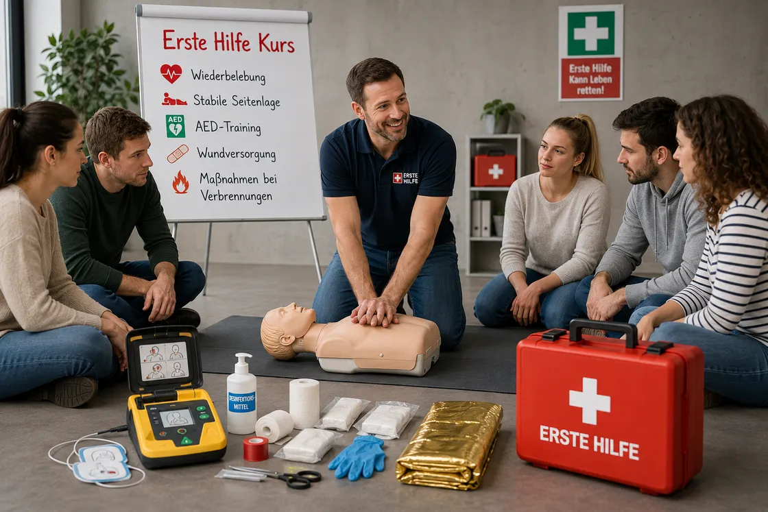 Erste-Hilfe-Kurs bei MMS: Trainer zeigt die Herzdruckmassage an einer Reanimationspuppe, Teilnehmer schauen zu
